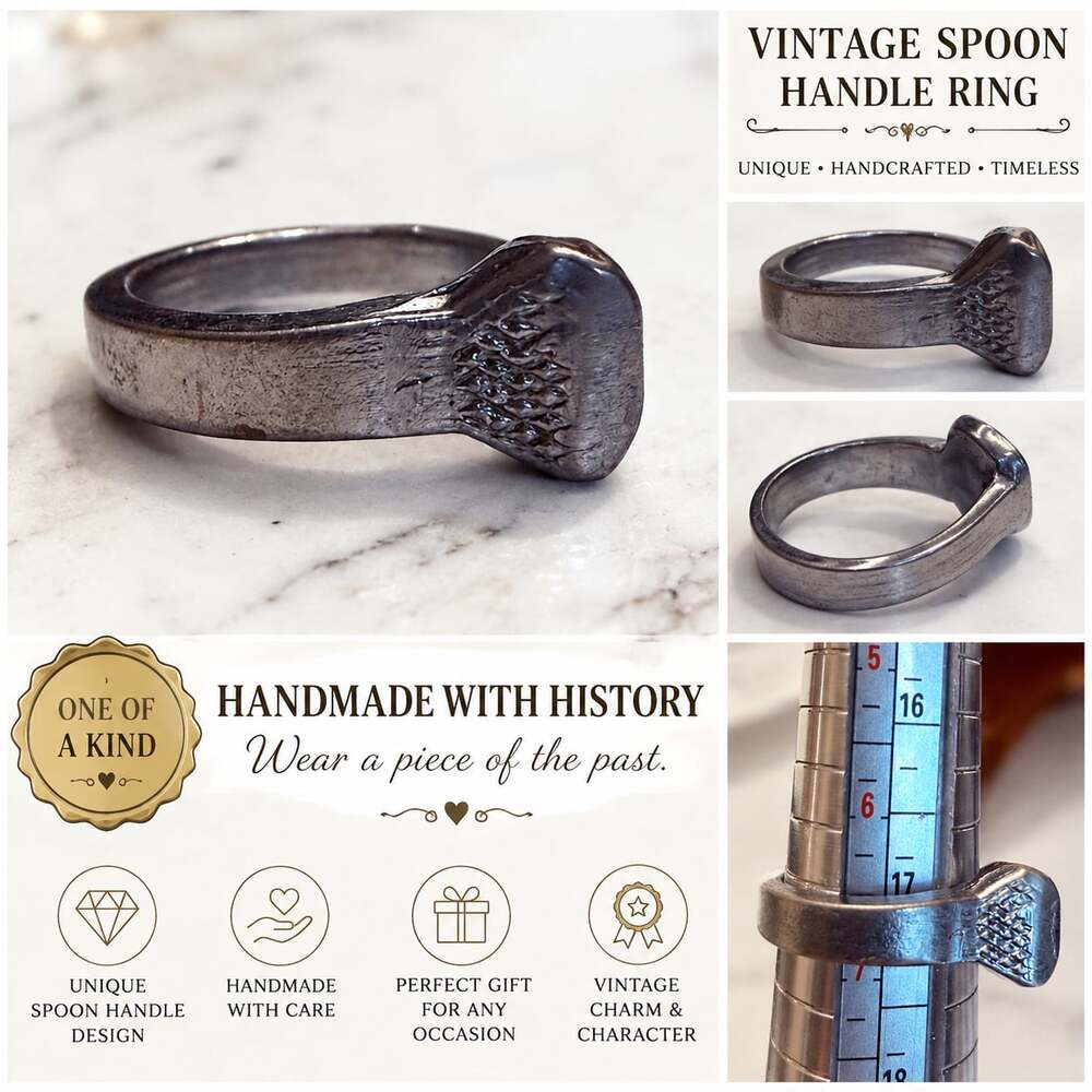 Vintage Handmade Spoon Handle Ring Silver Tone Size 7 Artisan Upcycled Jewelry